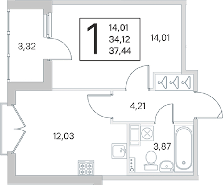 1-комнатная квартира 34.12 м², 3/4 эт., ЖК «Любоград в Стрельне»